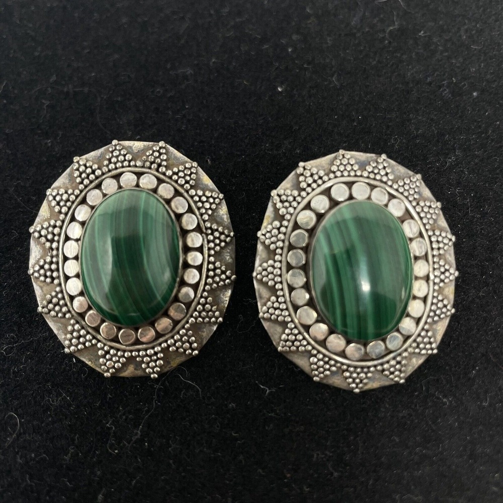 Vintage Estate Jewelry Sterling Silver Malachite Post‎ Earrings Western Country